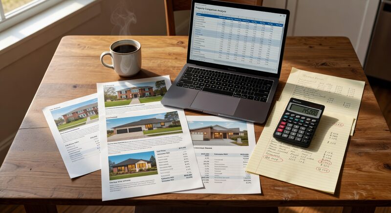 Real estate investment analysis on table with laptop and property listings