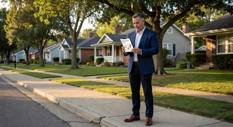 Investor scouting neighborhood properties on phone