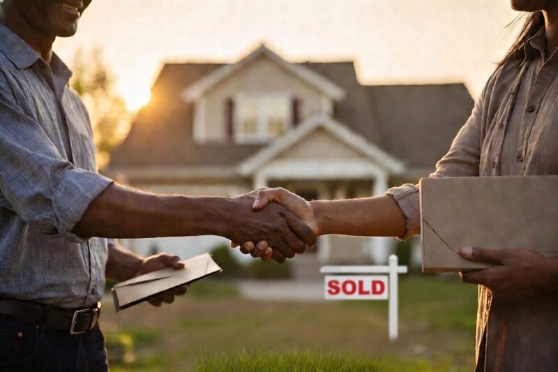 Cash buyer handshake closing a real estate deal