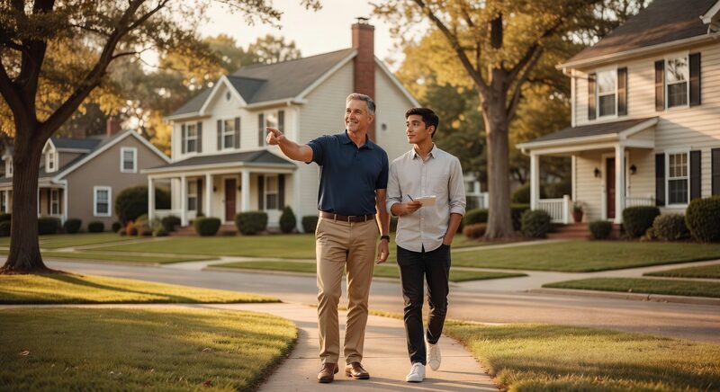 Real estate mentor and student evaluating neighborhood properties