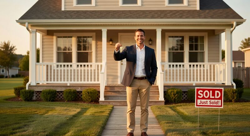 Investor celebrating successful real estate deal at renovated property