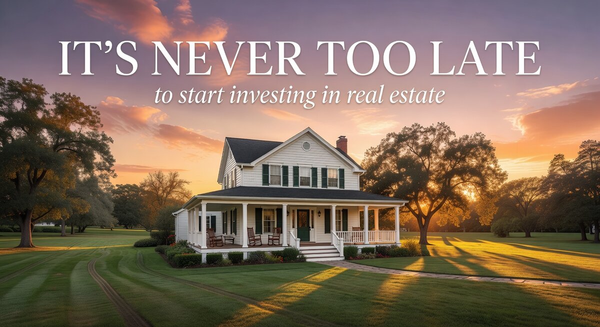 Charming suburban home at sunset with text overlay 'It's never too late to start investing in real estate'